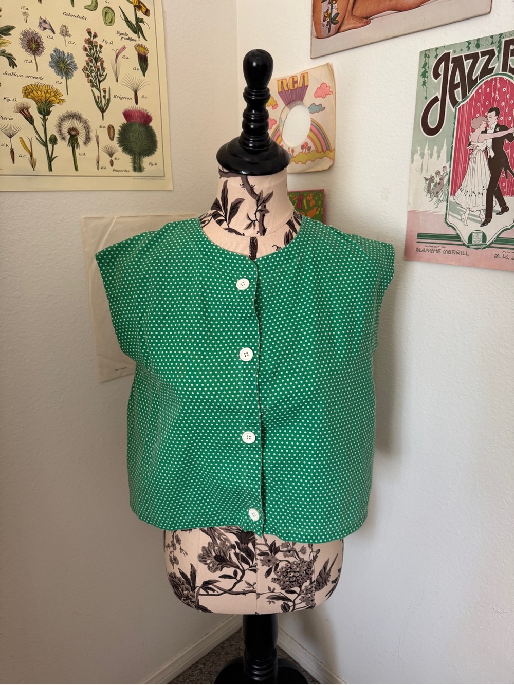 Vintage 80s Green Polka Dot Blouse